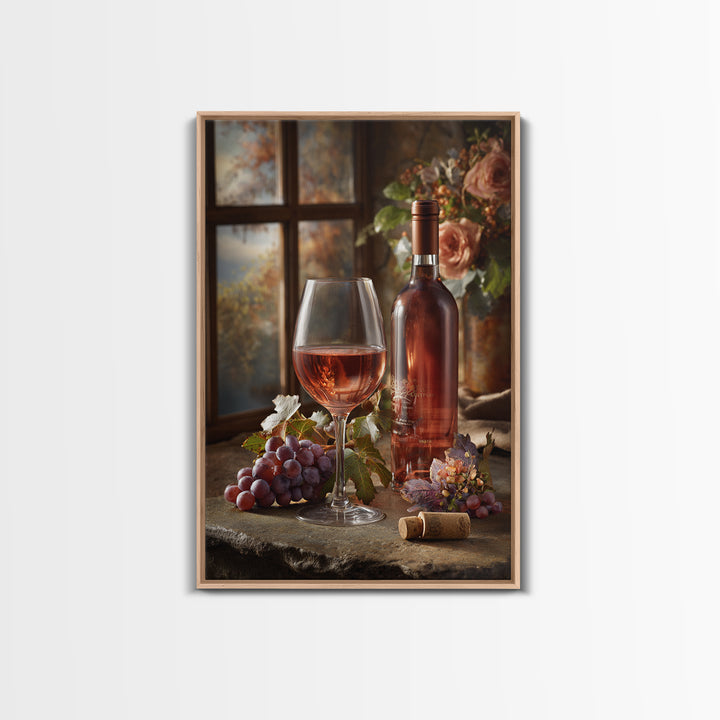 Ros Glass Beside Summer Flowers Canvas Print, Winery Art, Winery Decor, Oil Painting, Vineyard, Retro Wall Art, WIN-2x3-70