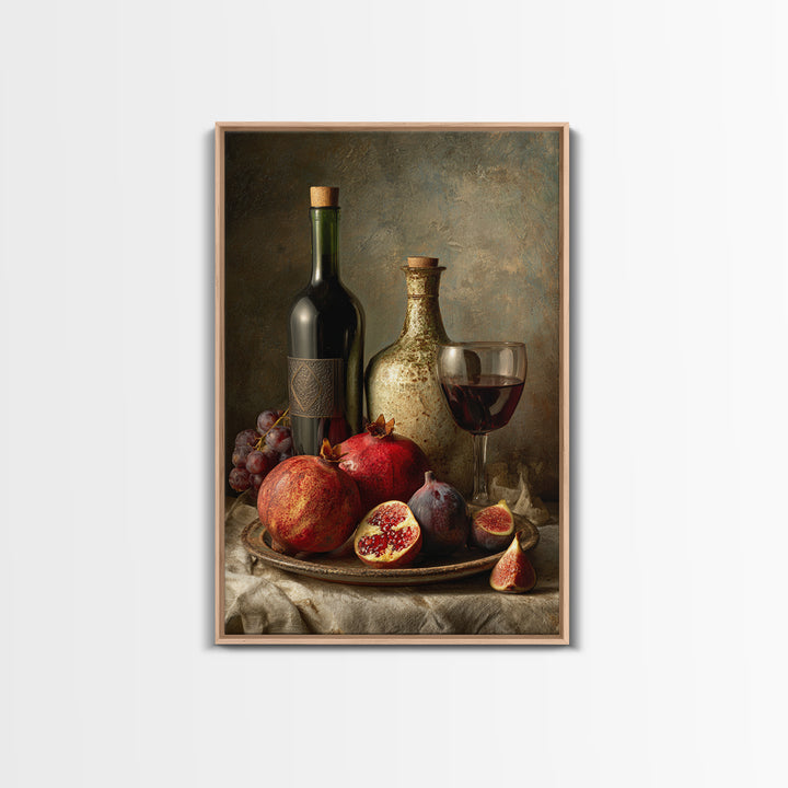 Pomegranate Figs and Red Wine Composition Framed Canvas Print, Winery Art, Watercolor Painting, Winery Decor, Vineyard, WIN-2x3-73