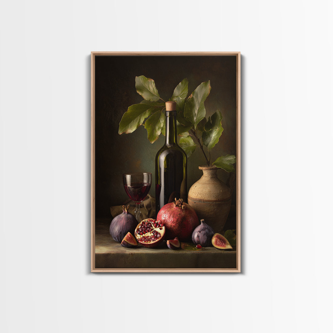 Pomegranate Figs and Red Wine Composition Framed Canvas Print, Winery Art, Watercolor Painting, Winery Decor, Vineyard, WIN-2x3-97