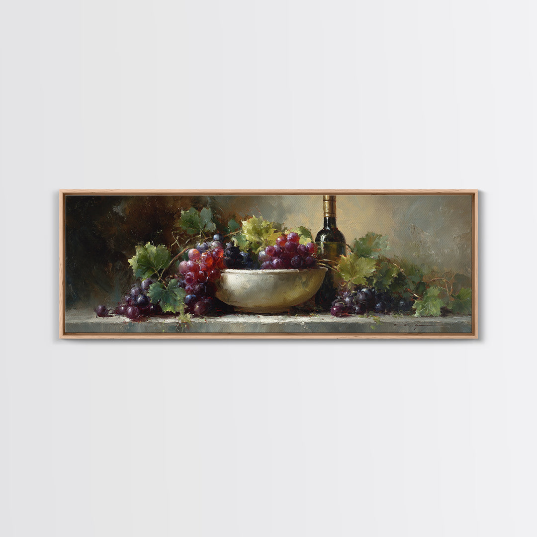 Grapes in a Ceramic Bowl with Shadows Framed Canvas Print, Winery Art, Retro Wall Art, Winery Decor, Fine Art, Vineyard, WIN-3x1-1