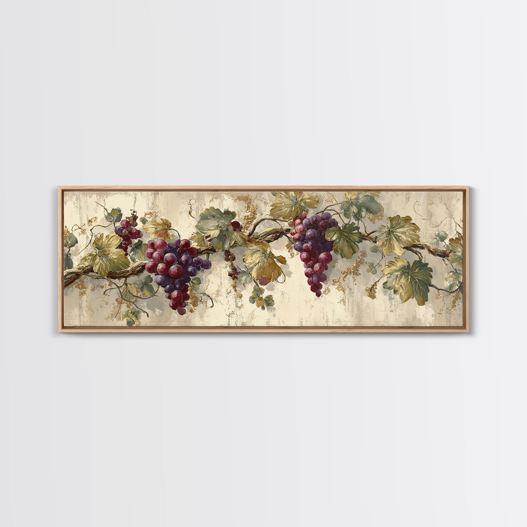 Grapevine Branch with Purple Grapes and Leaves Framed Canvas Print, Winery Art, Gallery Wall Art, Winery Decor, Watercolor Art, WIN-3x1-17