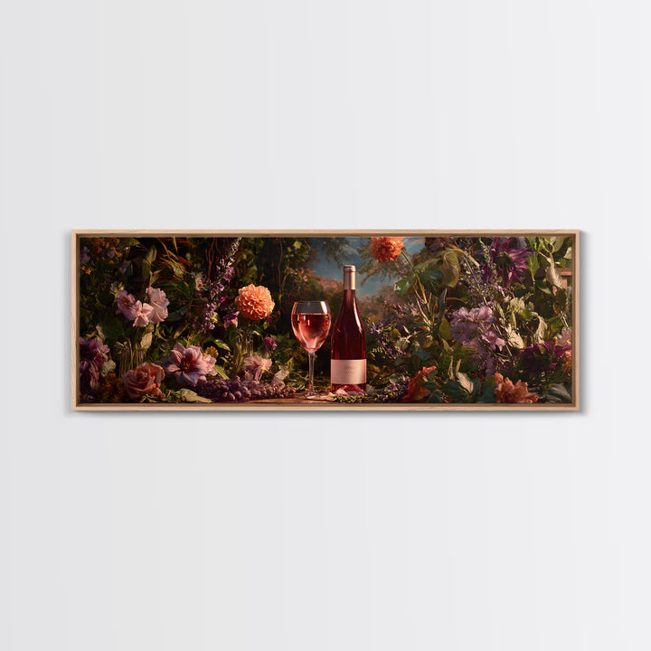 Ros Glass Beside Summer Flowers Canvas Print, Winery Art, Living Room Art, Winery Decor, Watercolor Art, Vineyard, WIN-3x1-54