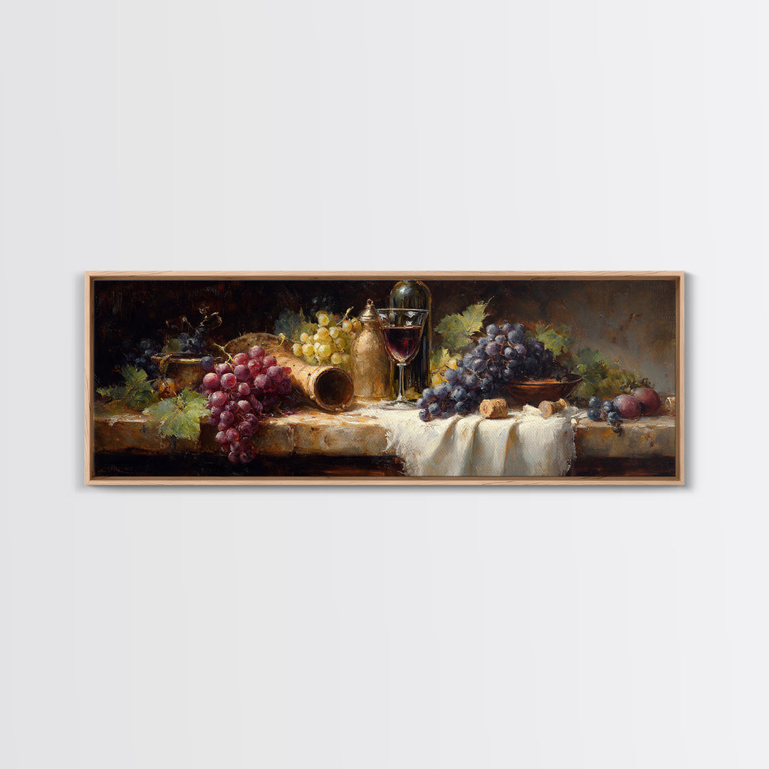Champagne Grapes and White Linen Still Life Framed Canvas Print, Winery Art, Gallery Decor, Winery Decor, Fine Art, Vineyard, WIN-3x1-69