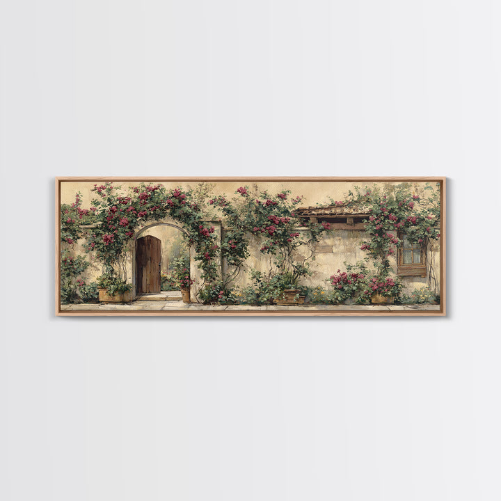 Vineyard Gate with Climbing Roses Framed Canvas Print, Winery Art, Statement Artwork, Winery Decor, Fine Art, Vineyard, WIN-3x1-7