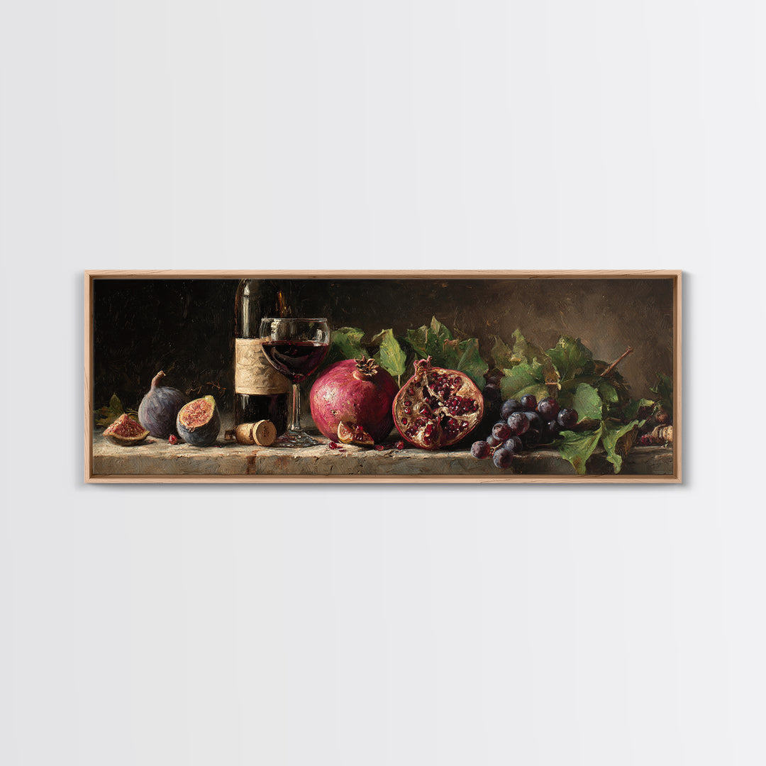 Pomegranate Figs and Red Wine Composition Framed Canvas Print, Winery Art, Living Room Decor, Winery Decor, Fine Art, Vineyard, WIN-3x1-9