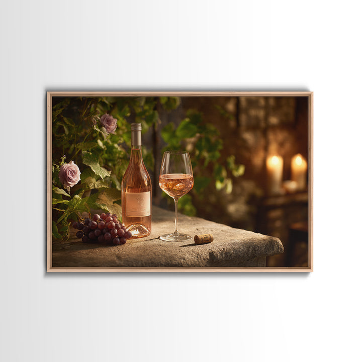 Ros Glass Beside Summer Flowers Framed Canvas Print, Winery Art, Framed Art, Winery Decor, Watercolor Art, Vineyard, WIN-3x2-18