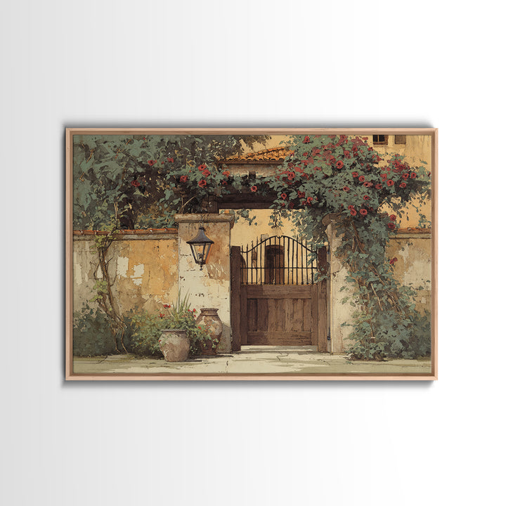 Vineyard Gate with Climbing Roses Canvas Print, Winery Art, Winery Decor, Abstract Art, Vineyard, Wall Hanging, WIN-3x2-43