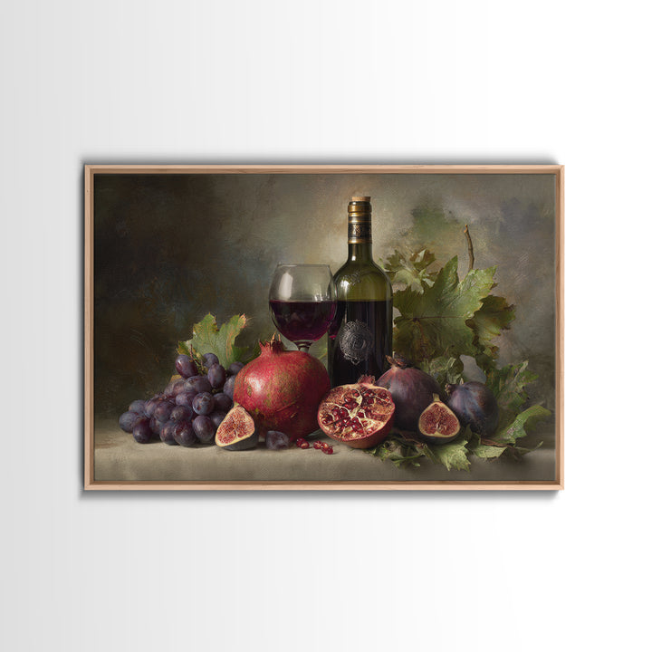 Pomegranate Figs and Red Wine Composition Framed Canvas Print, Winery Art, Gallery Decor, Winery Decor, Fine Art, Vineyard, WIN-3x2-45
