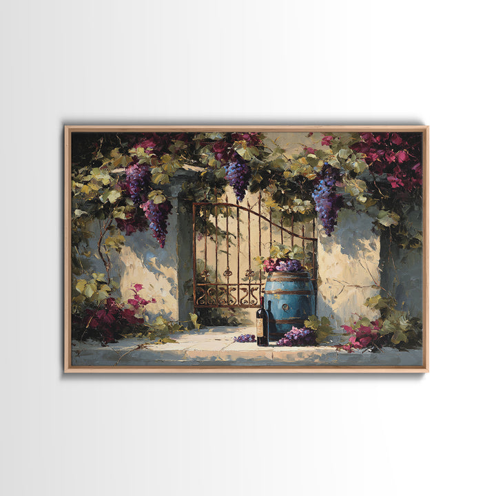 Vineyard Gate with Climbing Roses Canvas Print, Winery Art, Oil Painting, Winery Decor, Watercolor Art, Vineyard, WIN-3x2-67