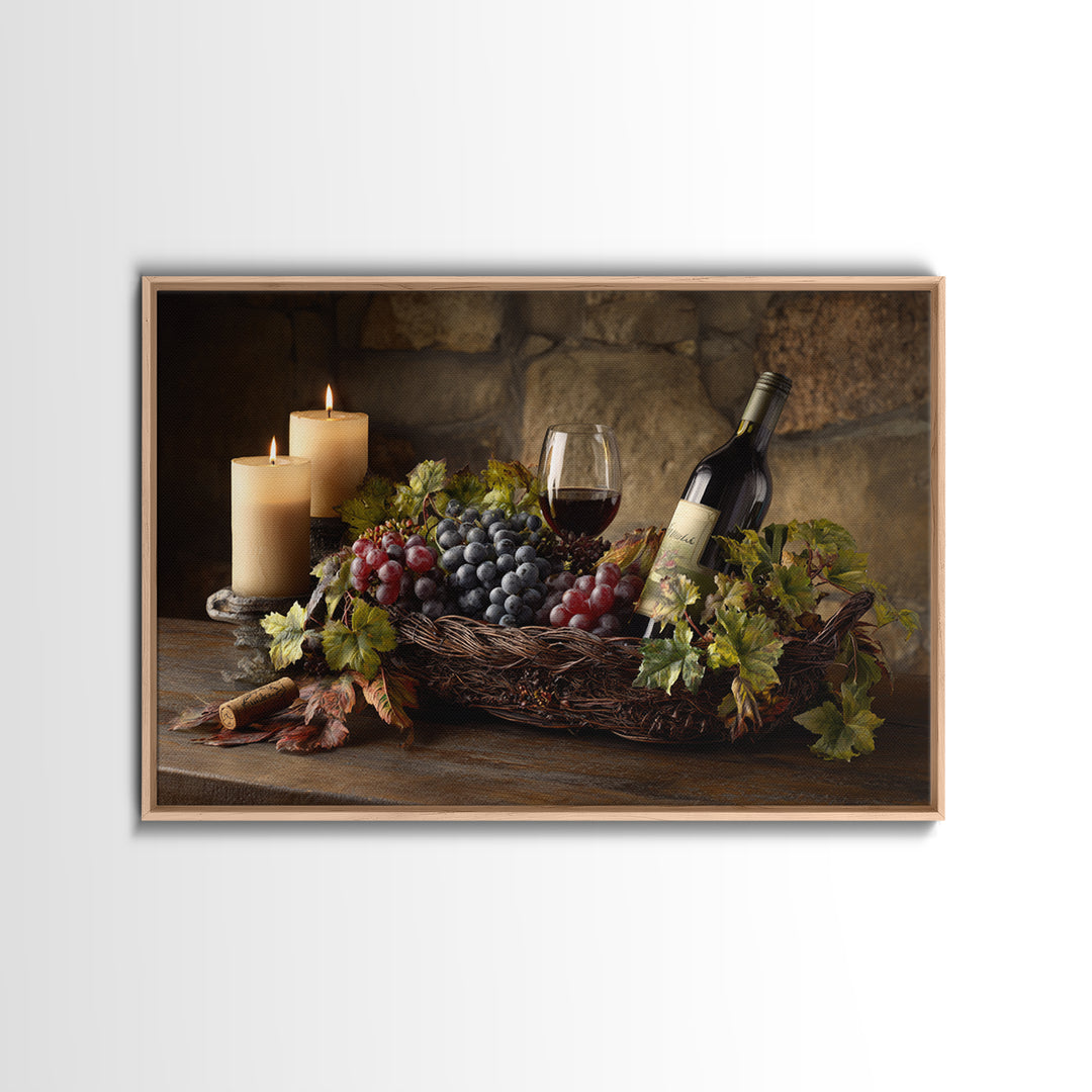 Wine Harvest Basket Framed Canvas Print, Winery Art, Kitchen Wall Decor, Winery Decor, Oil Painting, Vineyard, Fine Art Print, WIN-3x2-74