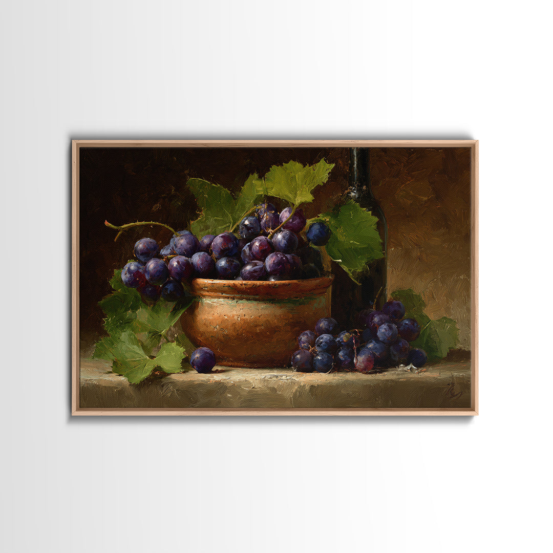 Grapes in a Ceramic Bowl with Shadows Framed Canvas Print, Winery Art, Statement Artwork, Winery Decor, Fine Art, Vineyard, WIN-3x2-85