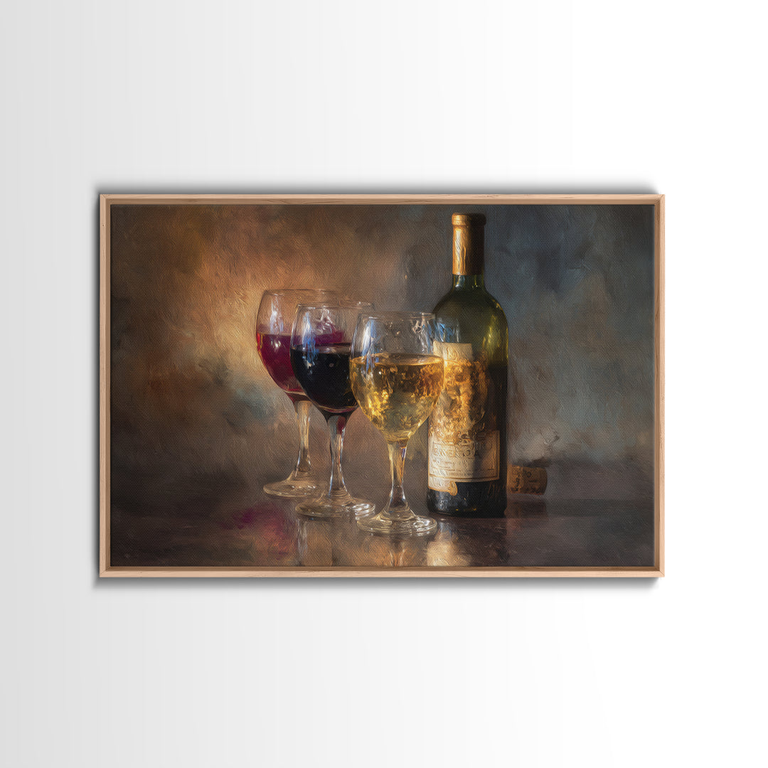 Wine Tasting Flight Rendered as Elegant Still Framed Canvas Print, Winery Art, Gallery Wall Art, Winery Decor, Vineyard, WIN-3x2-86