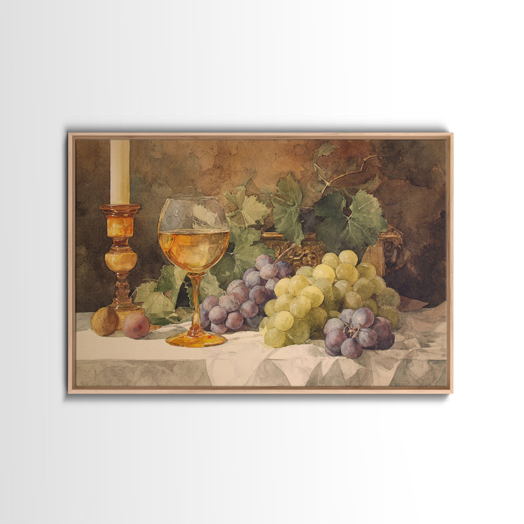 Champagne Grapes and White Linen Still Life Framed Canvas Print, Winery Art, Preppy Wall Art, Winery Decor, Fine Art, Vineyard, WIN-3x2-9
