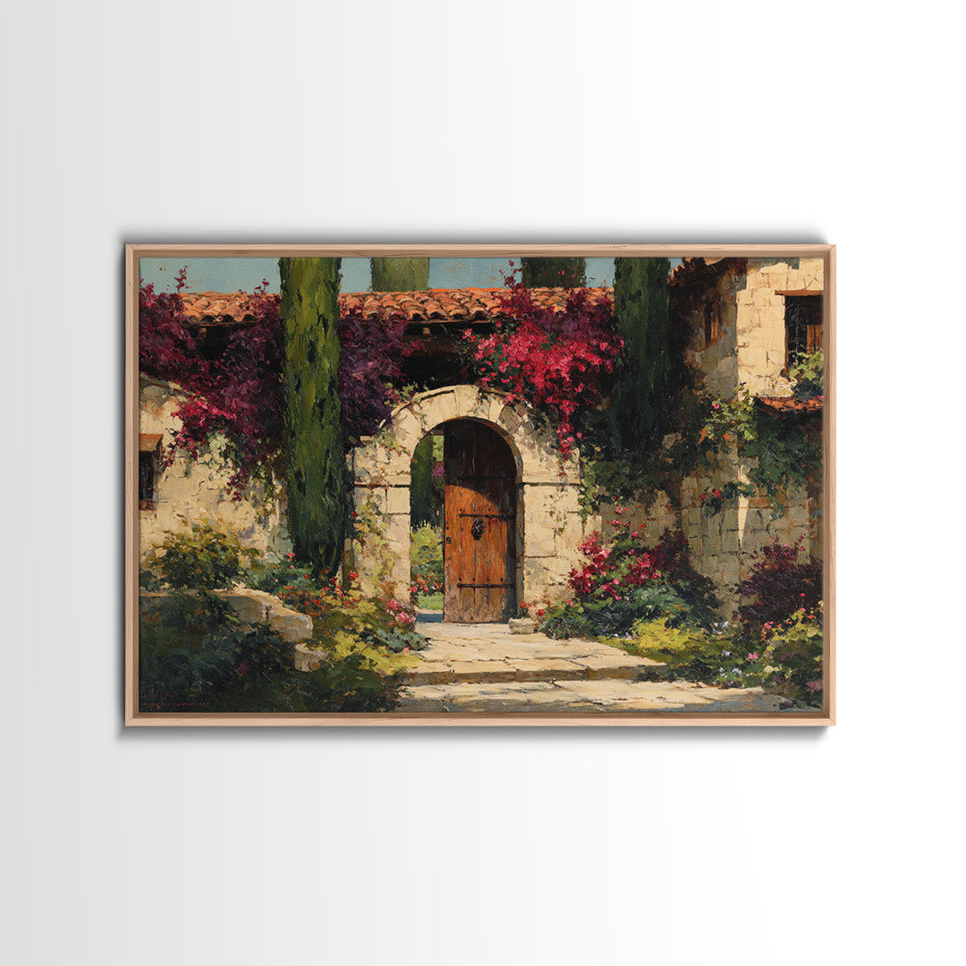 Vineyard Gate with Climbing Roses Framed Canvas Print, Winery Art, Farmhouse Decor, Winery Decor, Oil Painting, Vineyard, WIN-3x2-91