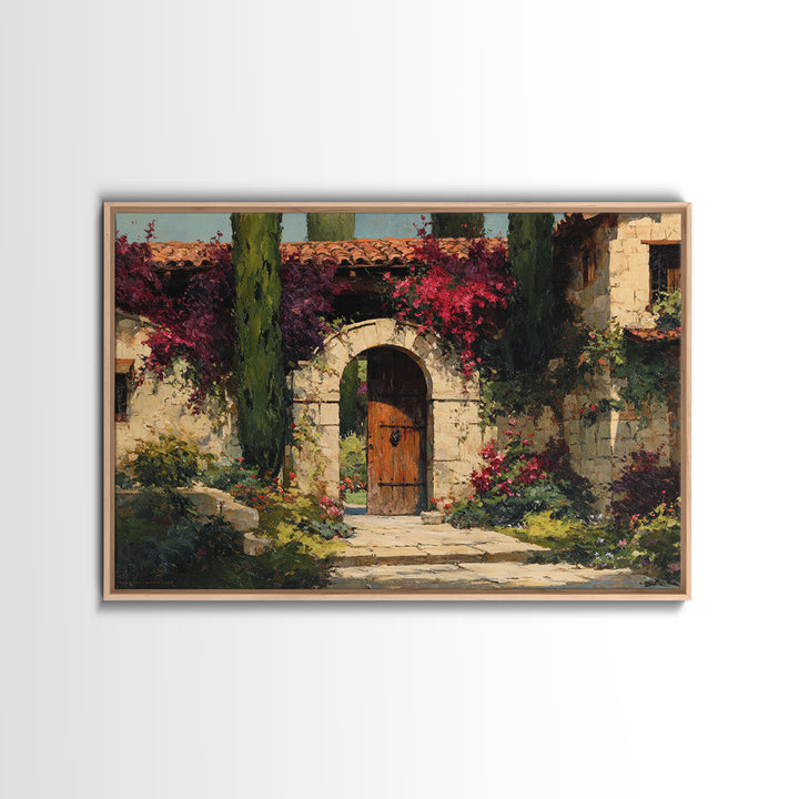 Vineyard Gate with Climbing Roses Framed Canvas Print, Winery Art, Farmhouse Decor, Winery Decor, Oil Painting, Vineyard, WIN-3x2-91