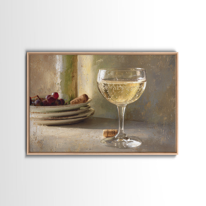Champagne Coupe with Bubbles and Light Framed Canvas Print, Winery Art, Wall Hanging, Winery Decor, Fine Art, Vineyard, WIN-3x2-95