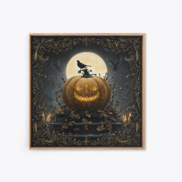 The Gold-Crowned Pumpkin Oracle - Icon Portrait, Spooky Wall Decor, Square Wall Art, Framed Canvas Print, Halloween Home Decor
