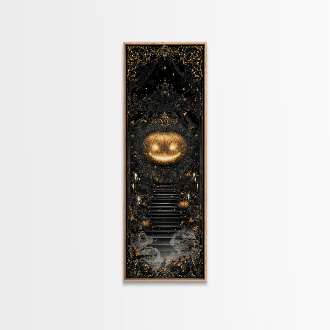 The Gold-Crowned Pumpkin Oracle - Icon Portrait, Spooky Wall Decor, Tall Narrow Wall Art, Framed Canvas Print, Halloween Home Decor