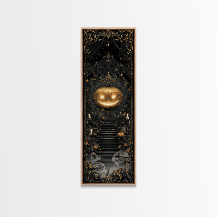 The Gold-Crowned Pumpkin Oracle - Icon Portrait, Spooky Wall Decor, Tall Narrow Wall Art, Framed Canvas Print, Halloween Home Decor