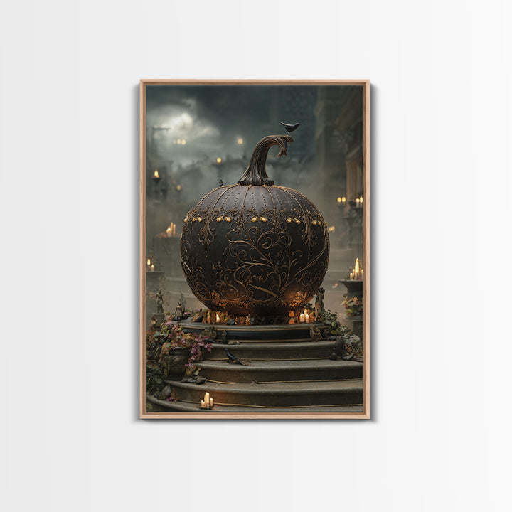 The Gold-Crowned Pumpkin Oracle - Environmental Panorama, Macabre Halloween Art, Vertical Wall Art, Framed Canvas Print, Gothic Wall Art
