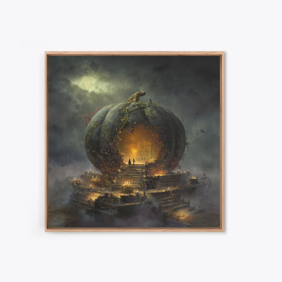 The Gold-Crowned Pumpkin Oracle - Environmental Panorama, Halloween Wall Art, Square Wall Art, Framed Canvas Print, Halloween Home Decor