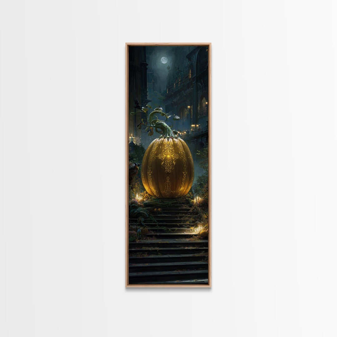 The Gold-Crowned Pumpkin Oracle - Environmental Panorama, Dark Fantasy Wall Art, Tall Narrow Wall Art, Canvas Print, Halloween Home Decor