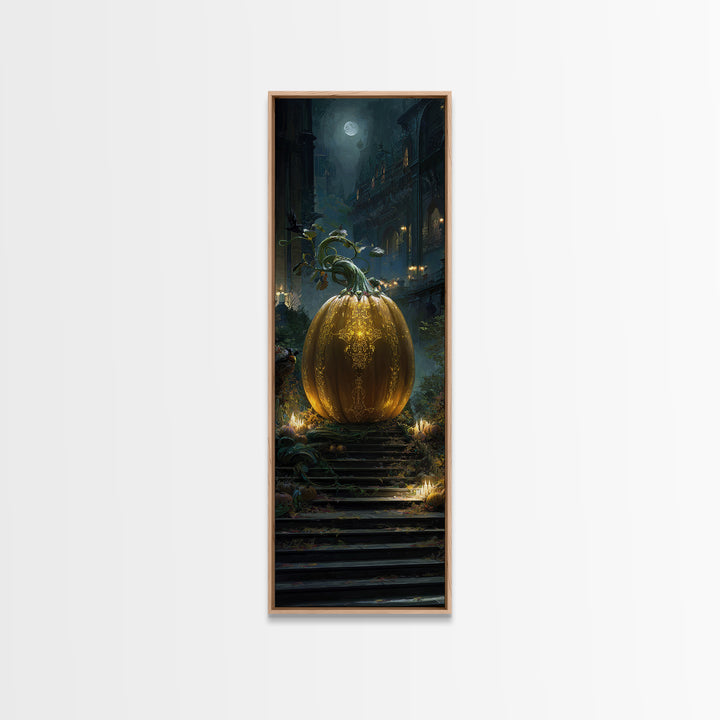 The Gold-Crowned Pumpkin Oracle - Environmental Panorama, Dark Fantasy Wall Art, Tall Narrow Wall Art, Canvas Print, Halloween Home Decor