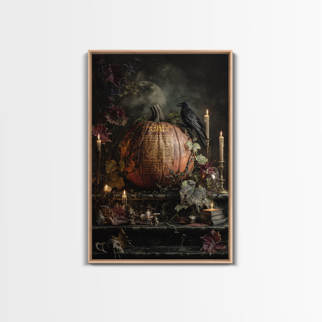 The Gold-Crowned Pumpkin Oracle - Occult Still Life, Macabre Halloween Art, Vertical Wall Art, Framed Canvas Print, Halloween Home Decor