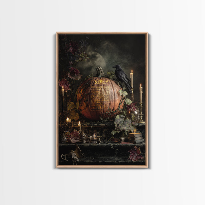 The Gold-Crowned Pumpkin Oracle - Occult Still Life, Macabre Halloween Art, Vertical Wall Art, Framed Canvas Print, Halloween Home Decor