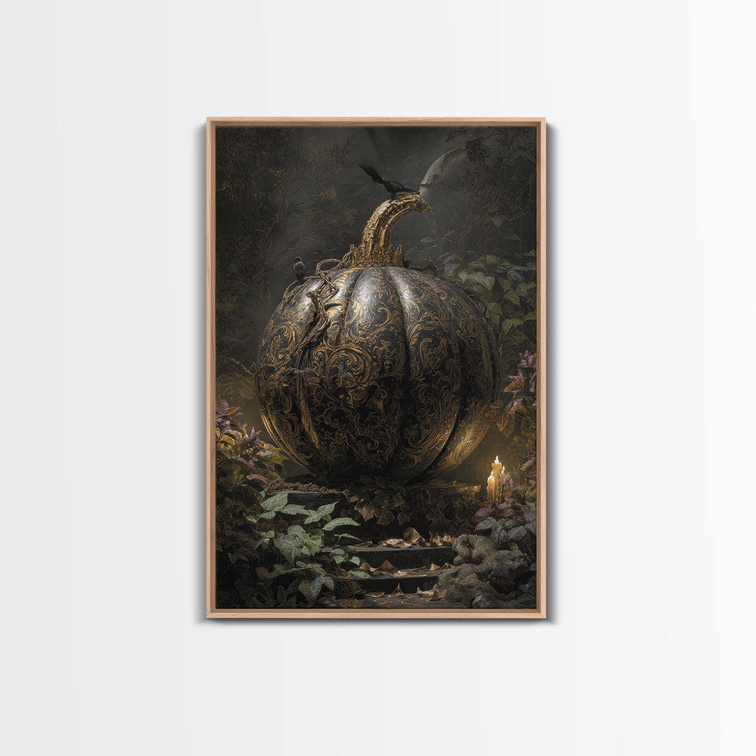 The Gold-Crowned Pumpkin Oracle - Procession Scene, Halloween Wall Art, Vertical Wall Art, Framed Canvas Print, Halloween Home Decor