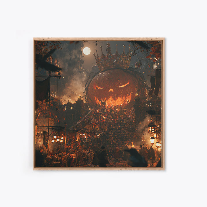 The Gold-Crowned Pumpkin Oracle - Procession Scene, Dark Fantasy Wall Art, Square Wall Art, Canvas Print, Halloween Home Decor
