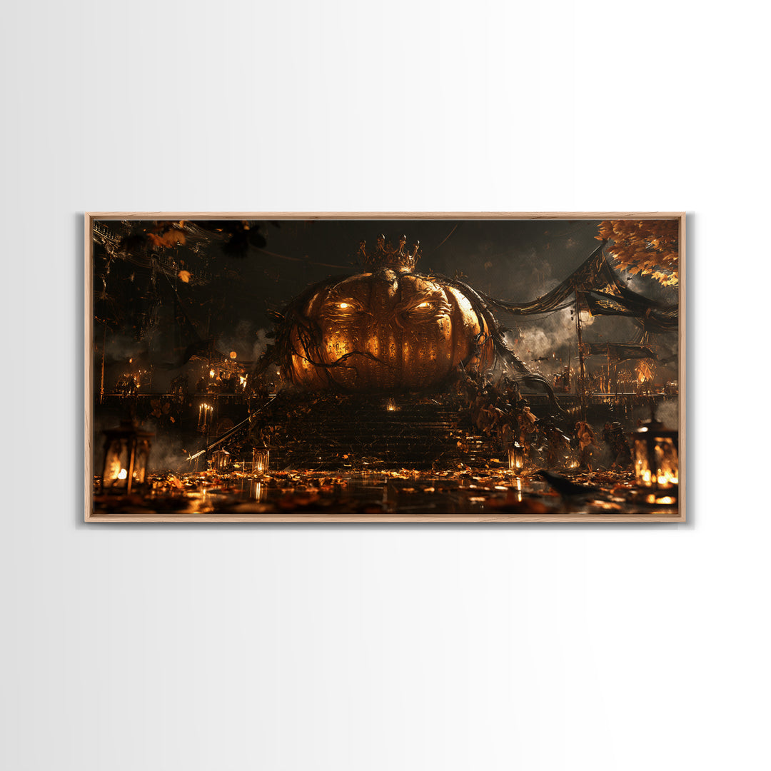 The Gold-Crowned Pumpkin Oracle - Procession Scene, Halloween Wall Art, Wide Panoramic Art, Framed Canvas Print, Halloween Home Decor