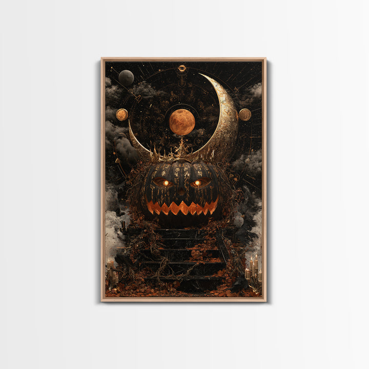 The Gold-Crowned Pumpkin Oracle - Surreal Celestial Vision, Spooky Wall Decor, Vertical Wall Art, Framed Canvas Print, Halloween Home Decor