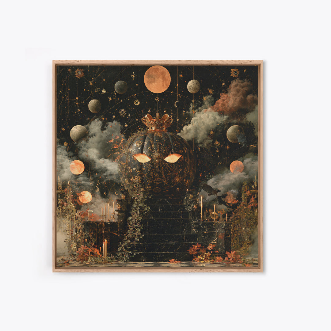 The Gold-Crowned Pumpkin Oracle - Surreal Celestial Vision, Gothic Home Decor, Square Wall Art, Canvas Print, Halloween Home Decor