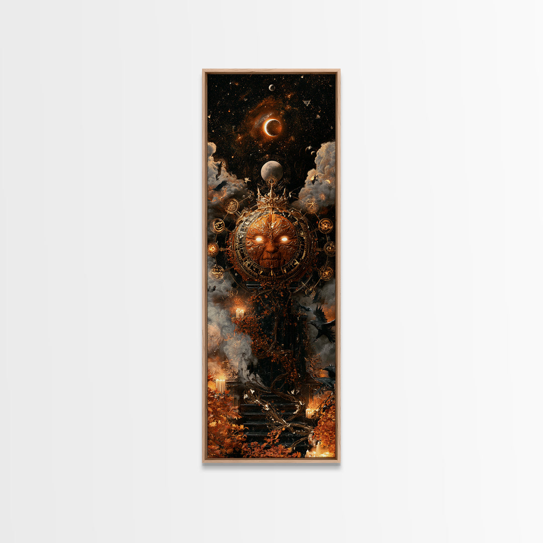 The Gold-Crowned Pumpkin Oracle - Surreal Celestial Vision, Gothic Home Decor, Tall Narrow Wall Art, Canvas Print, Halloween Home Decor
