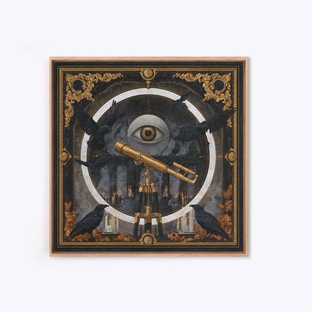 The Midnight Raven Observatory - Icon Portrait, Spooky Wall Decor, Square Wall Art, Framed Canvas Print, Halloween Home Decor