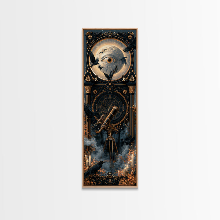 The Midnight Raven Observatory - Icon Portrait, Macabre Halloween Art, Tall Narrow Wall Art, Framed Canvas Print, Halloween Home Decor