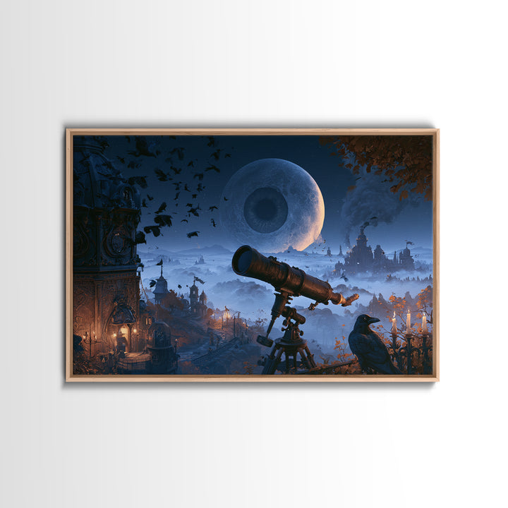 The Midnight Raven Observatory - Environmental Panorama, Halloween Wall Art, Landscape Wall Art, Framed Canvas Print, Halloween Home Decor