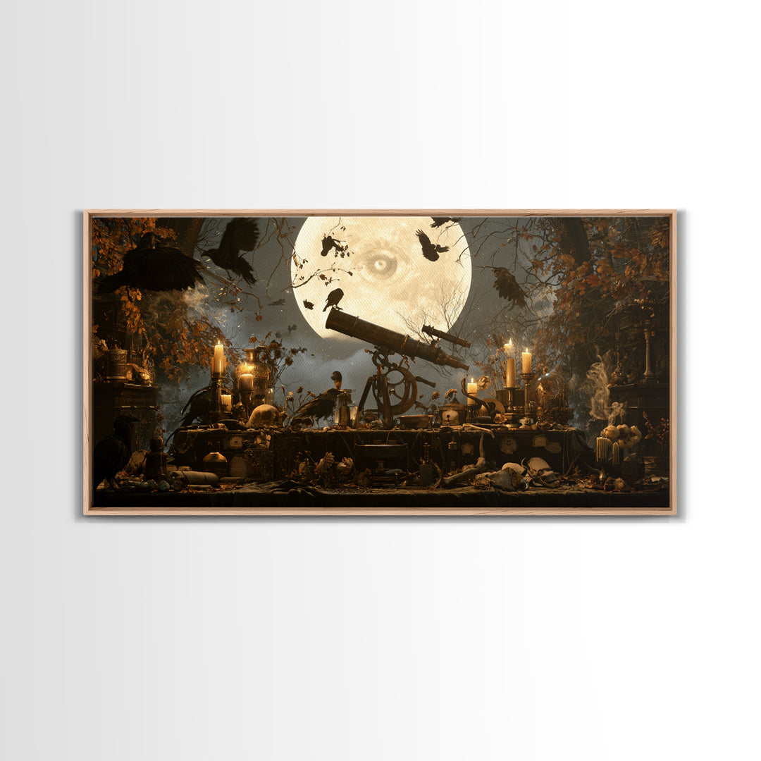 The Midnight Raven Observatory - Occult Still Life, Gothic Home Decor, Wide Panoramic Art, Canvas Print, Halloween Home Decor