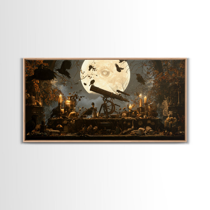 The Midnight Raven Observatory - Occult Still Life, Gothic Home Decor, Wide Panoramic Art, Canvas Print, Halloween Home Decor