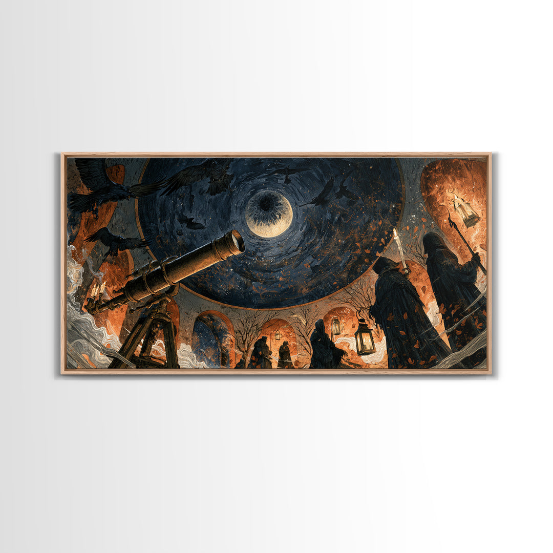 The Midnight Raven Observatory - Procession Scene, Spooky Wall Decor, Wide Panoramic Art, Framed Canvas Print, Halloween Home Decor