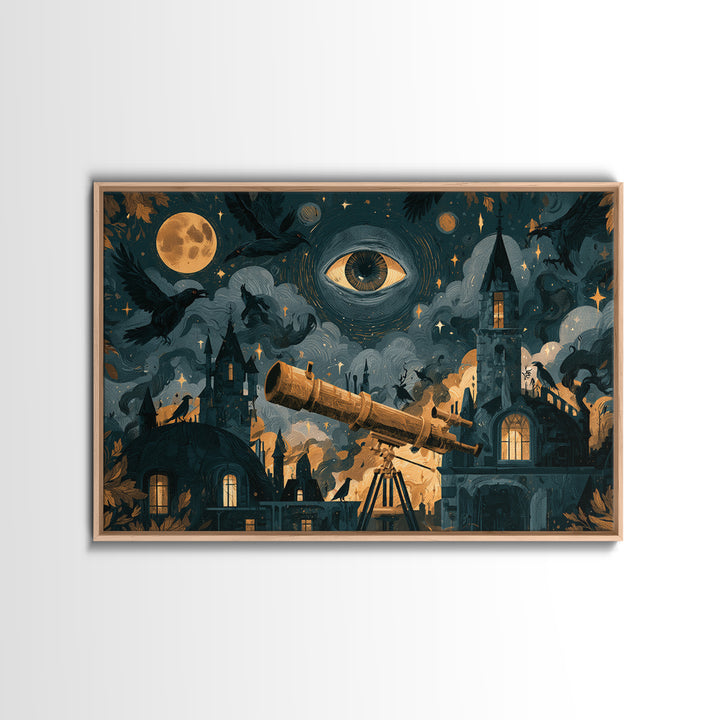 The Midnight Raven Observatory - Surreal Celestial Vision, Dark Fantasy Wall Art, Landscape Wall Art, Canvas Print, Halloween Home Decor