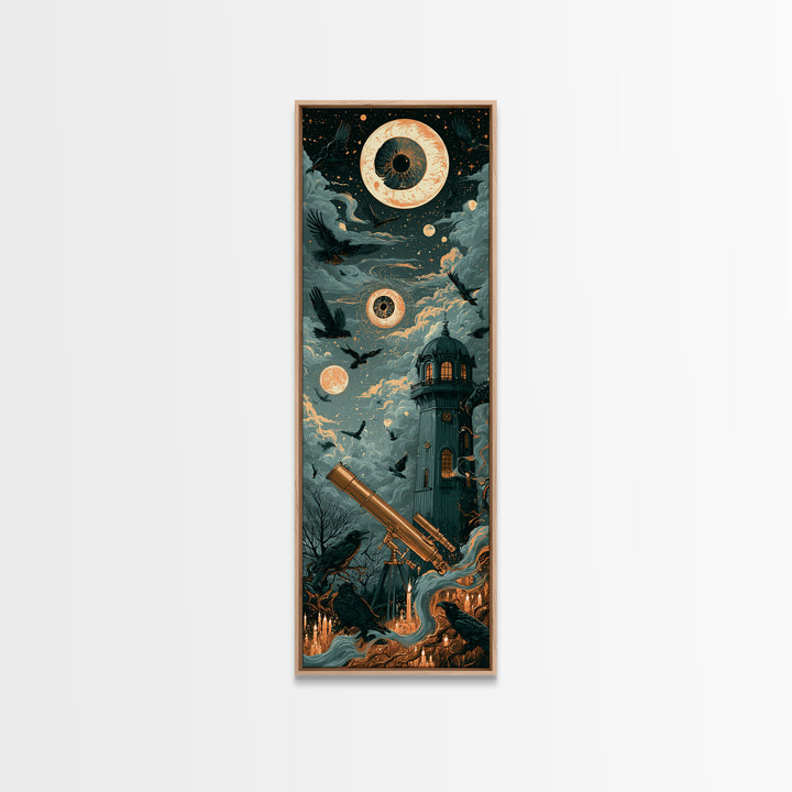 The Midnight Raven Observatory - Surreal Celestial Vision, Halloween Wall Art, Tall Narrow Wall Art, Framed Canvas Print, Gothic Wall Art