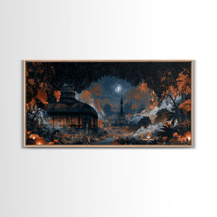 The Black Lace Haunted Conservatory - Environmental Panorama, Halloween Wall Art, Wide Panoramic Art, Framed Canvas Print, Gothic Wall Art