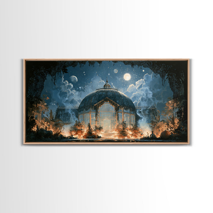 The Black Lace Haunted Conservatory - Surreal Celestial Vision, Occult Wall Decor, Wide Panoramic Art, Canvas Print, Halloween Home Decor