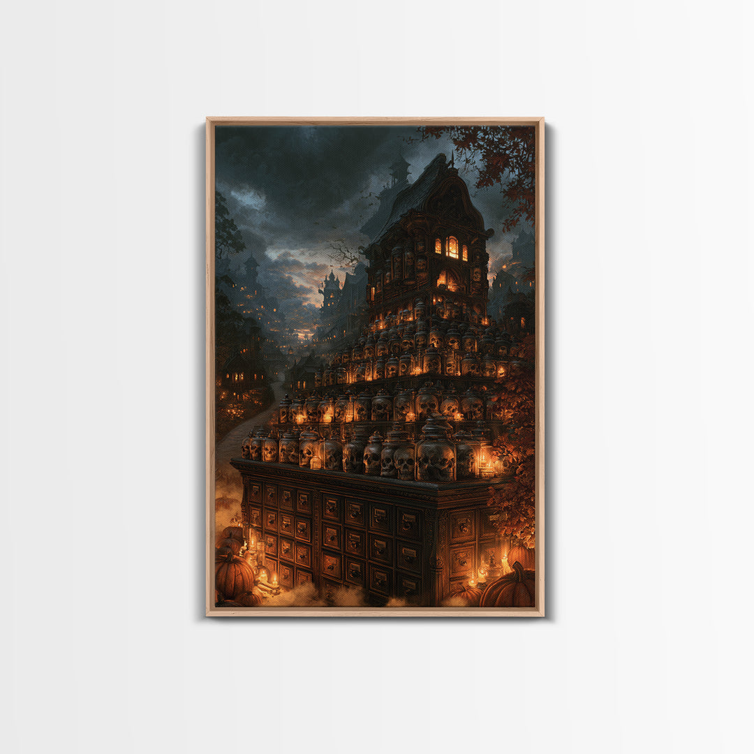 The Candlelit Skull Apothecary - Environmental Panorama, Halloween Wall Art, Vertical Wall Art, Framed Canvas Print, Halloween Home Decor