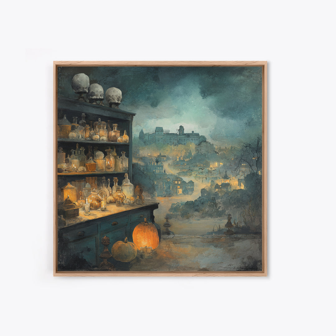 The Candlelit Skull Apothecary - Environmental Panorama, Dark Fantasy Wall Art, Square Wall Art, Canvas Print, Halloween Home Decor