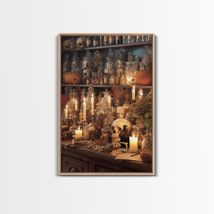 The Candlelit Skull Apothecary - Occult Still Life, Macabre Halloween Art, Vertical Wall Art, Framed Canvas Print, Halloween Home Decor