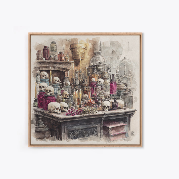 The Candlelit Skull Apothecary - Occult Still Life, Macabre Halloween Art, Square Wall Art, Framed Canvas Print, Halloween Home Decor