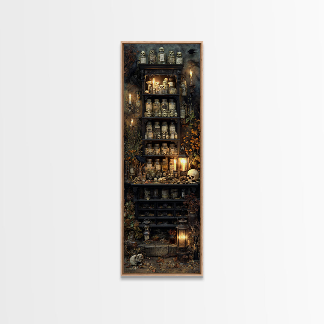The Candlelit Skull Apothecary - Occult Still Life, Halloween Wall Art, Tall Narrow Wall Art, Framed Canvas Print, Halloween Home Decor